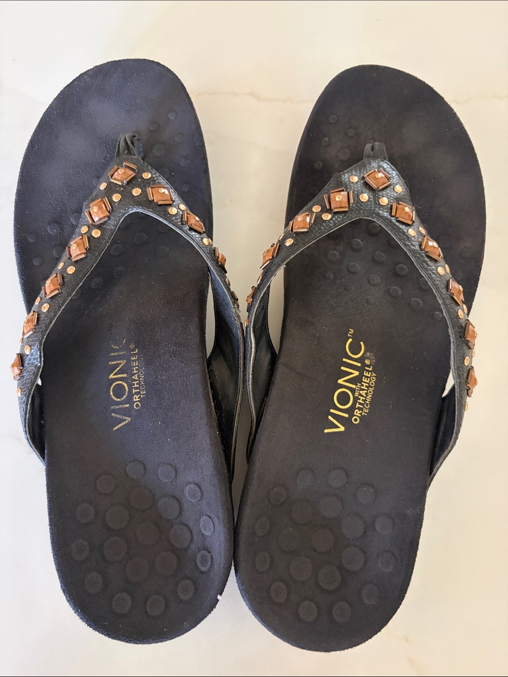 Vionic Black Sandal with Bronze Stud Accents